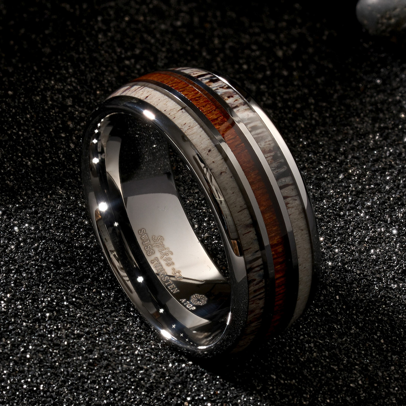 10mm Silver Tungsten Ring Men Wedding Band ATOP Jewelry & Deer Antler Koa Wood