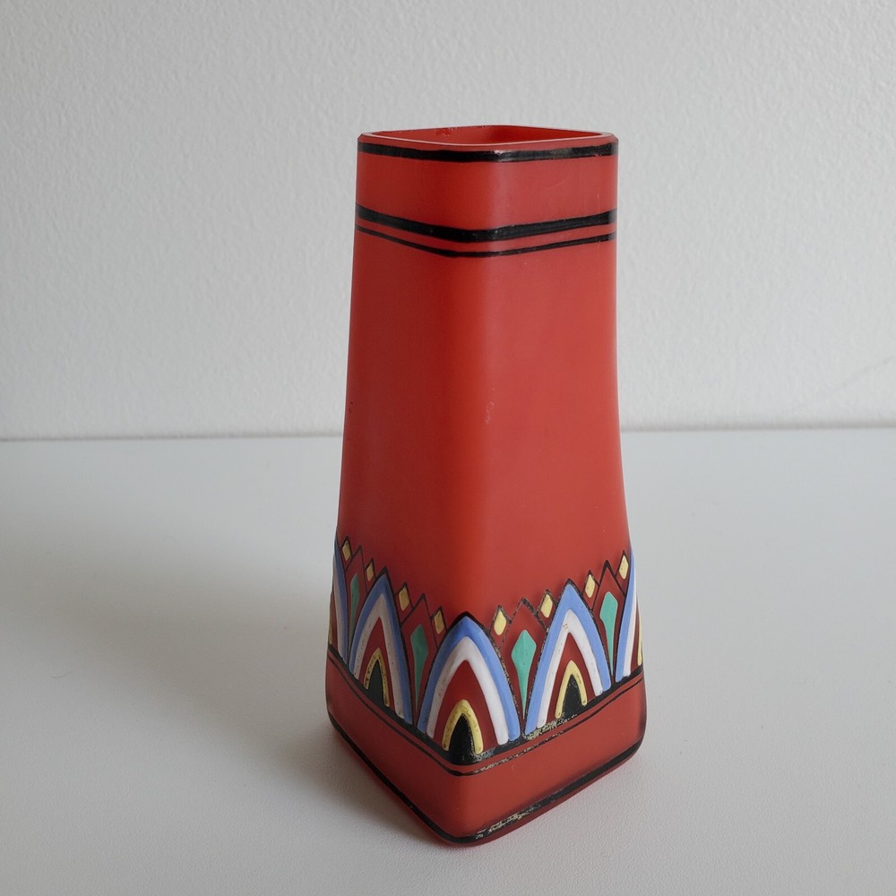 Red Handpainted Glass Bud Vase Geometric 4.75" Maker Help