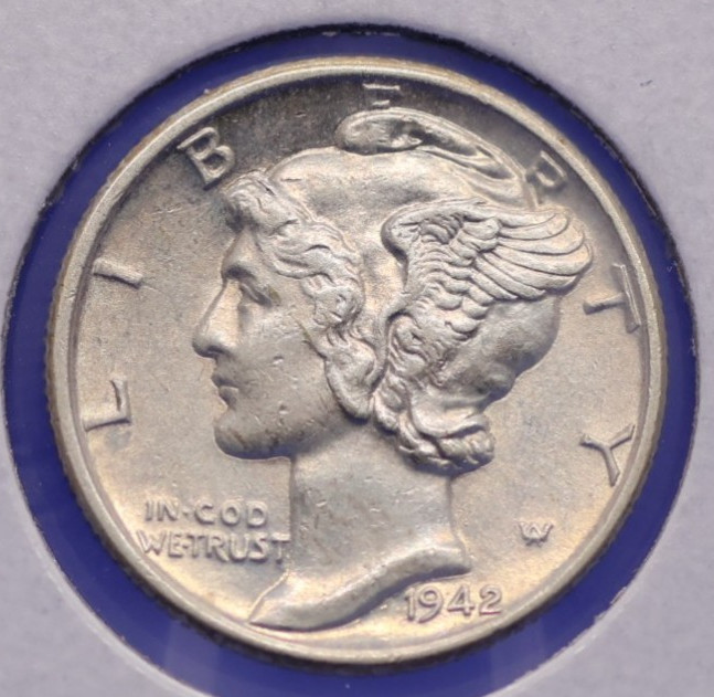 1942 Uncirculated 90% silver Mercury dime. Partial Split Bands.