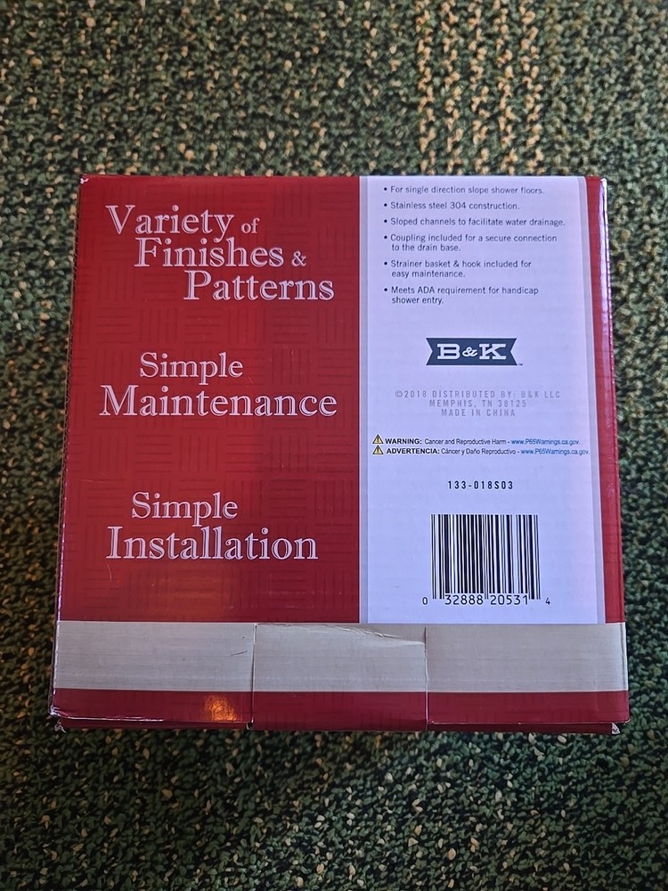 B&K 6” Zero Pattern Grating Square Channel Linear Shower Drain, Brushed Nickel