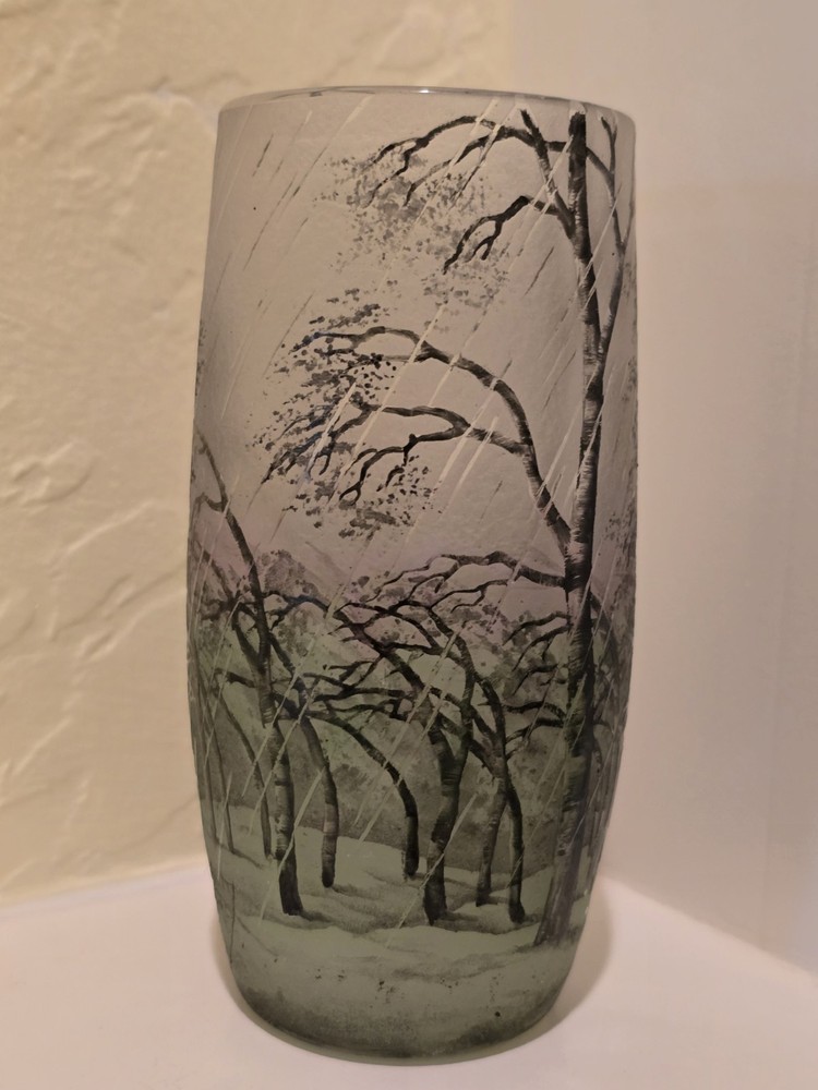 Daum Nancy "Rain Landscape" Windswept Trees and Vertical Rain. Signed.