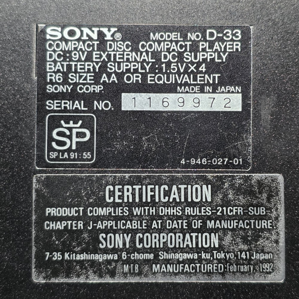 Sony D-33 Discman Portable CD Player Compact Disc Audio Powers On Won't Play CD