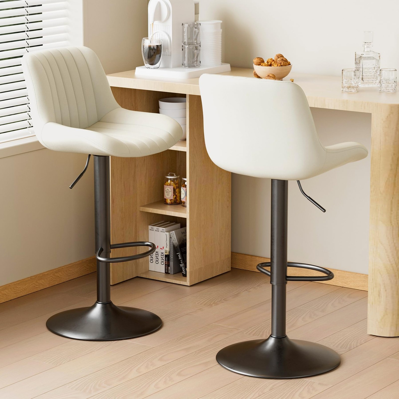Set of 2 Bar Stools with Backs Adjustable Swivel Counter Height Fabric Off-White