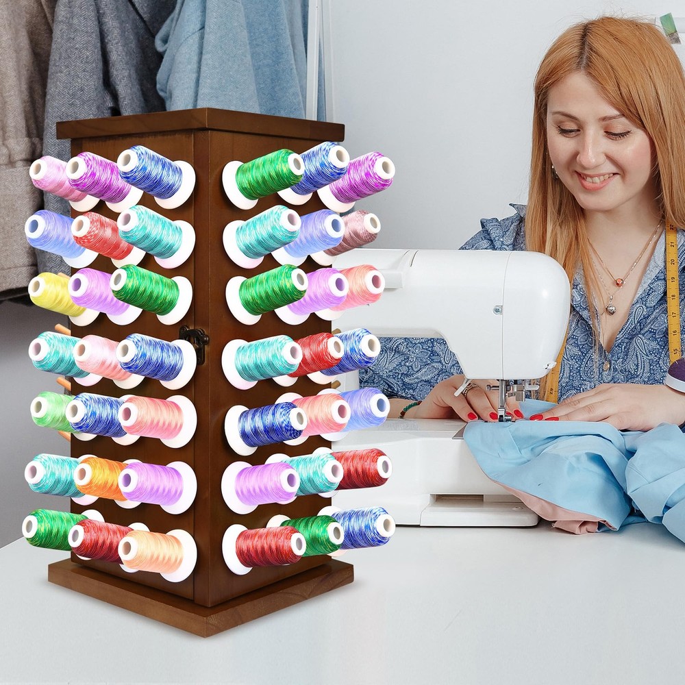 Wooden 84 Spools Thread Rack/Thread Holder Organizer with Inner Storage Compa...