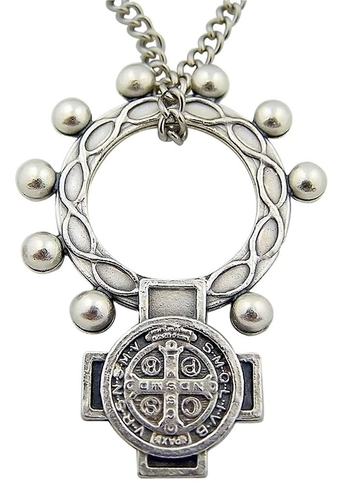 Silver Toned Base Saint Benedict Medal Rosary Ring on Chain, 1 7/8 Inch