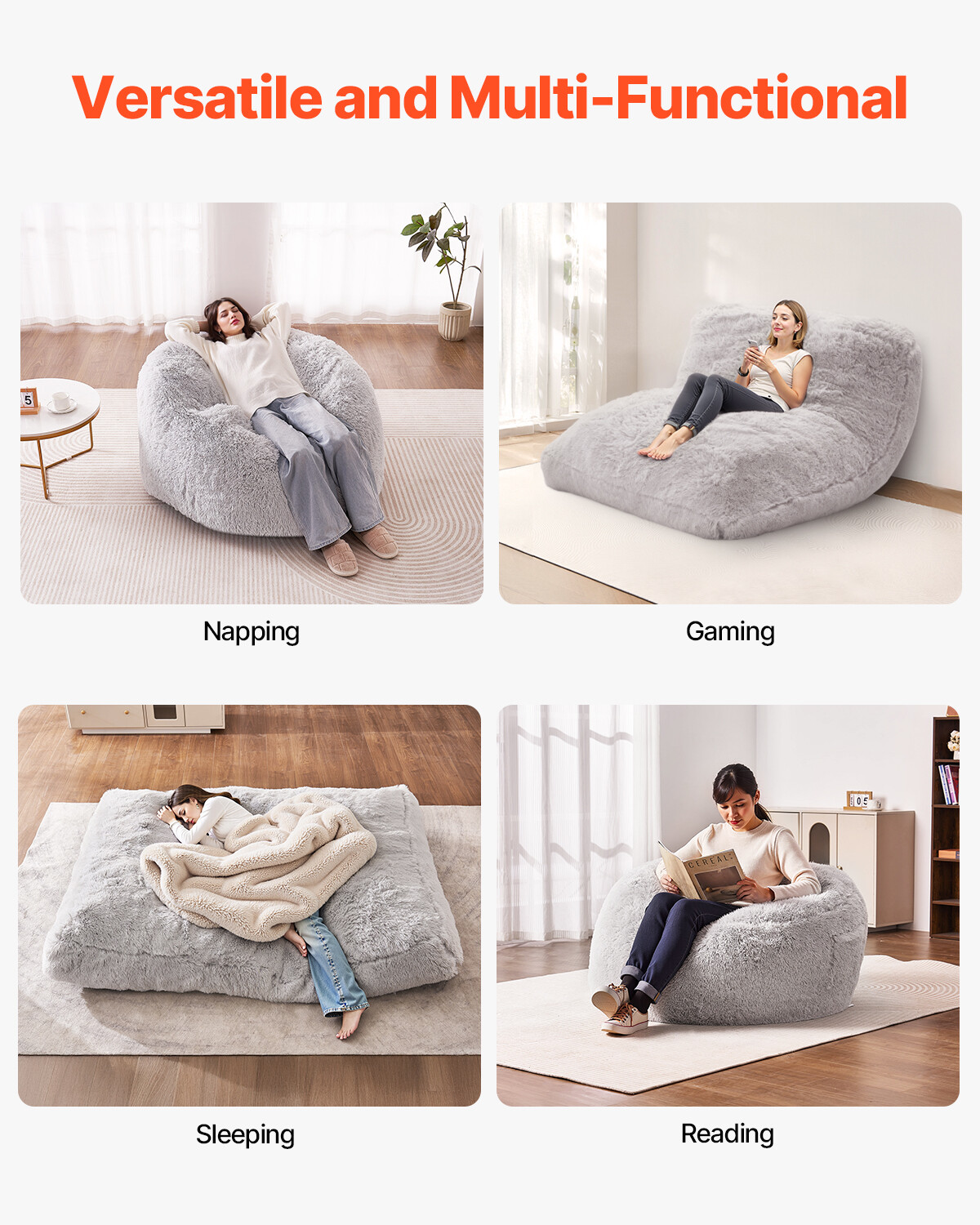Bean Bag Bed Chair Convertible from Chair to Lounge or Mattress Grey-Queen