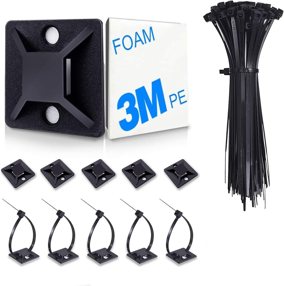 100 Cable Ties And Adhesive Mounts Complete Cable Management Set Black