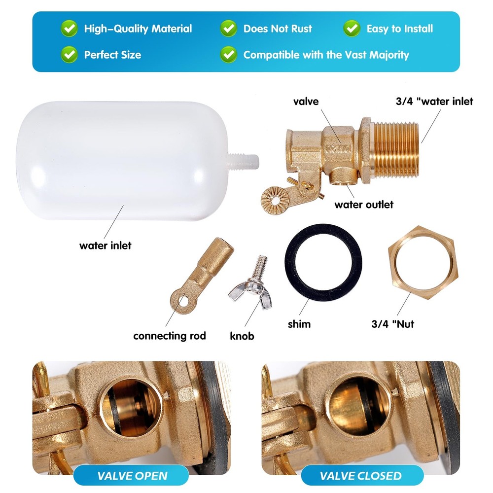 Float Valve 3/4 inch, Brass Water Float Valve with Adjustable Arm, Float Ball...