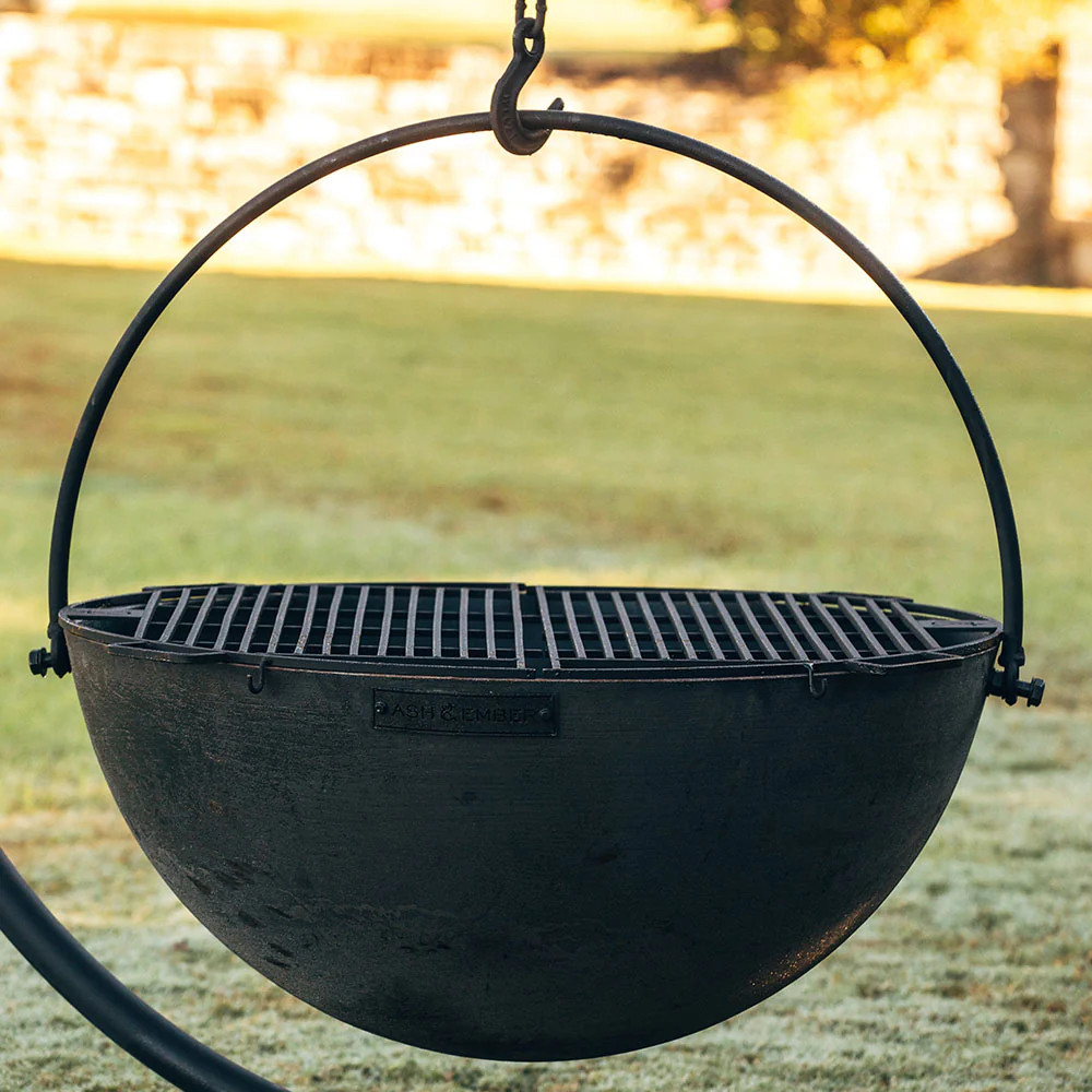 Ash & Ember 42" Cast Iron Cauldron Fire Pit Bowl with Double Hinged Grate