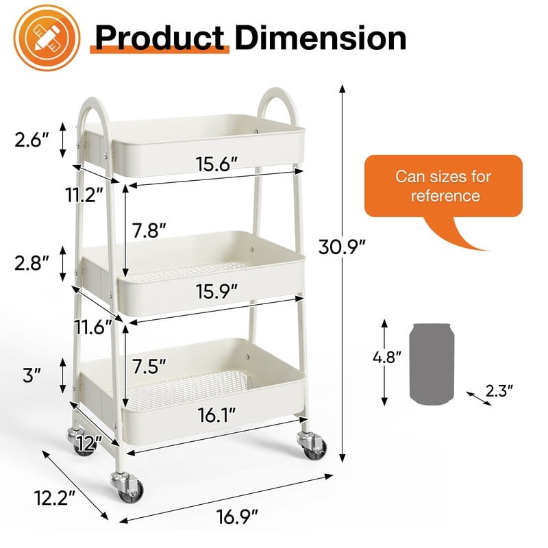 3 Tier Utility Rolling Cart, Mobile Storage Shelf with Lockable Caster Wheels