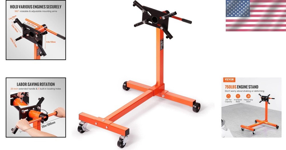 Movable Engine Stand with Lockable Casters - 4 Adjustable Arms & 750 lb Capacity