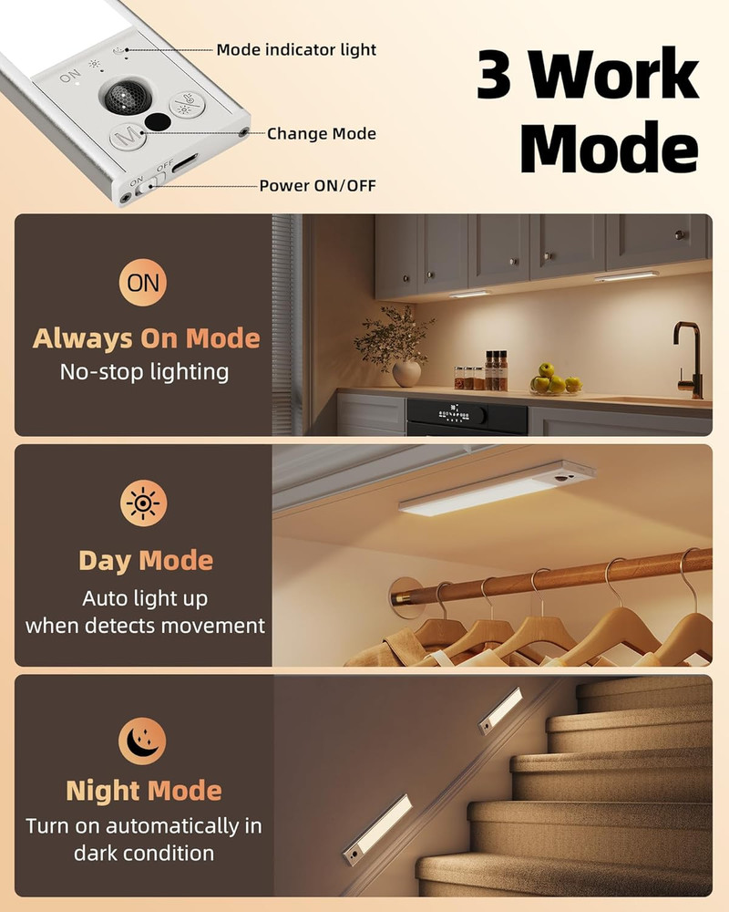 10" Rechargeable Under Cabinet Motion Sensor Lights 2-Pack Dimmable