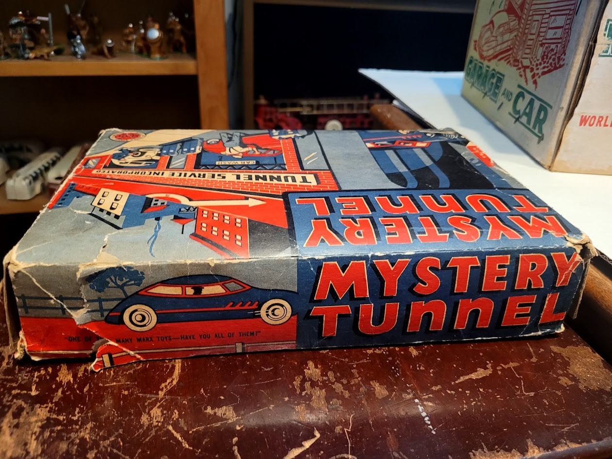 NICE SELDO SEEN Vintage 1930's MARX MYSTERY TUNNEL W/ TWO WIND UP CARS in BOX