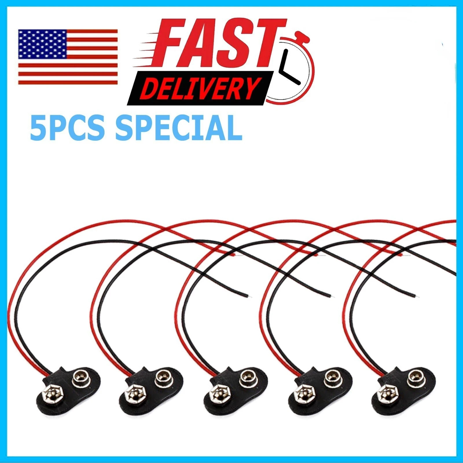 9V 15cm Battery Connector T Type Clip Plug Wire Cord Leads 9 Volt 5PCS