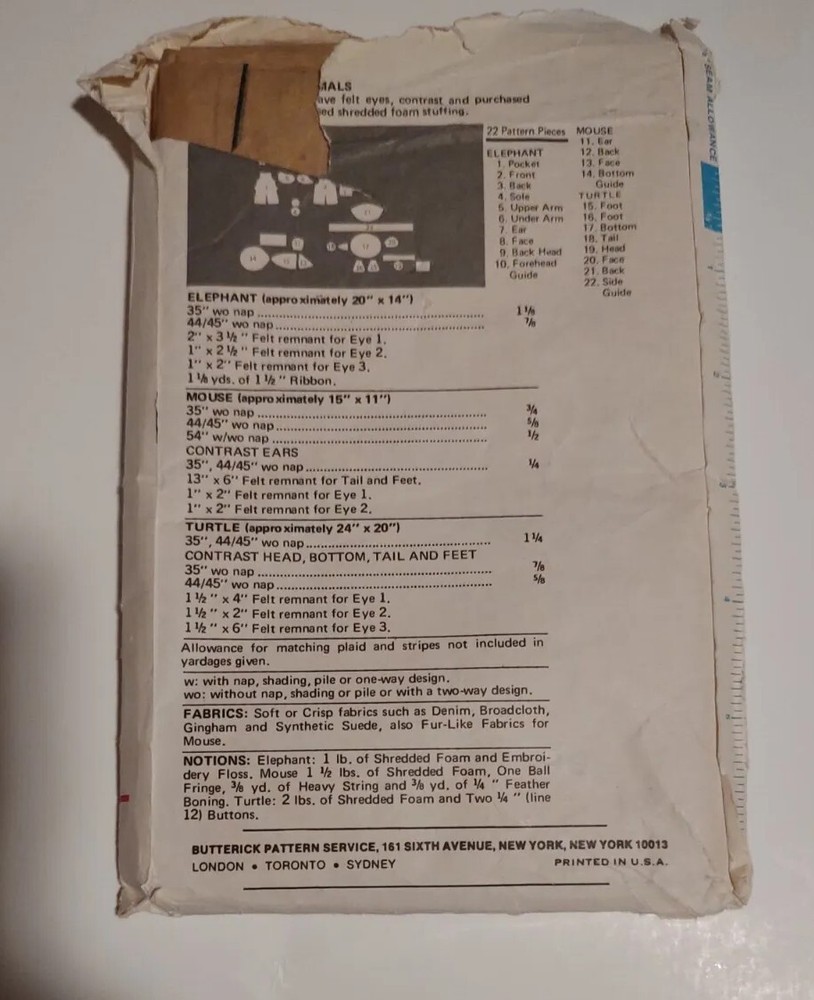 Vintage BUTTERICK Pattern 3419 STUFFED ANIMALS Elephant Mouse Turtle CUT