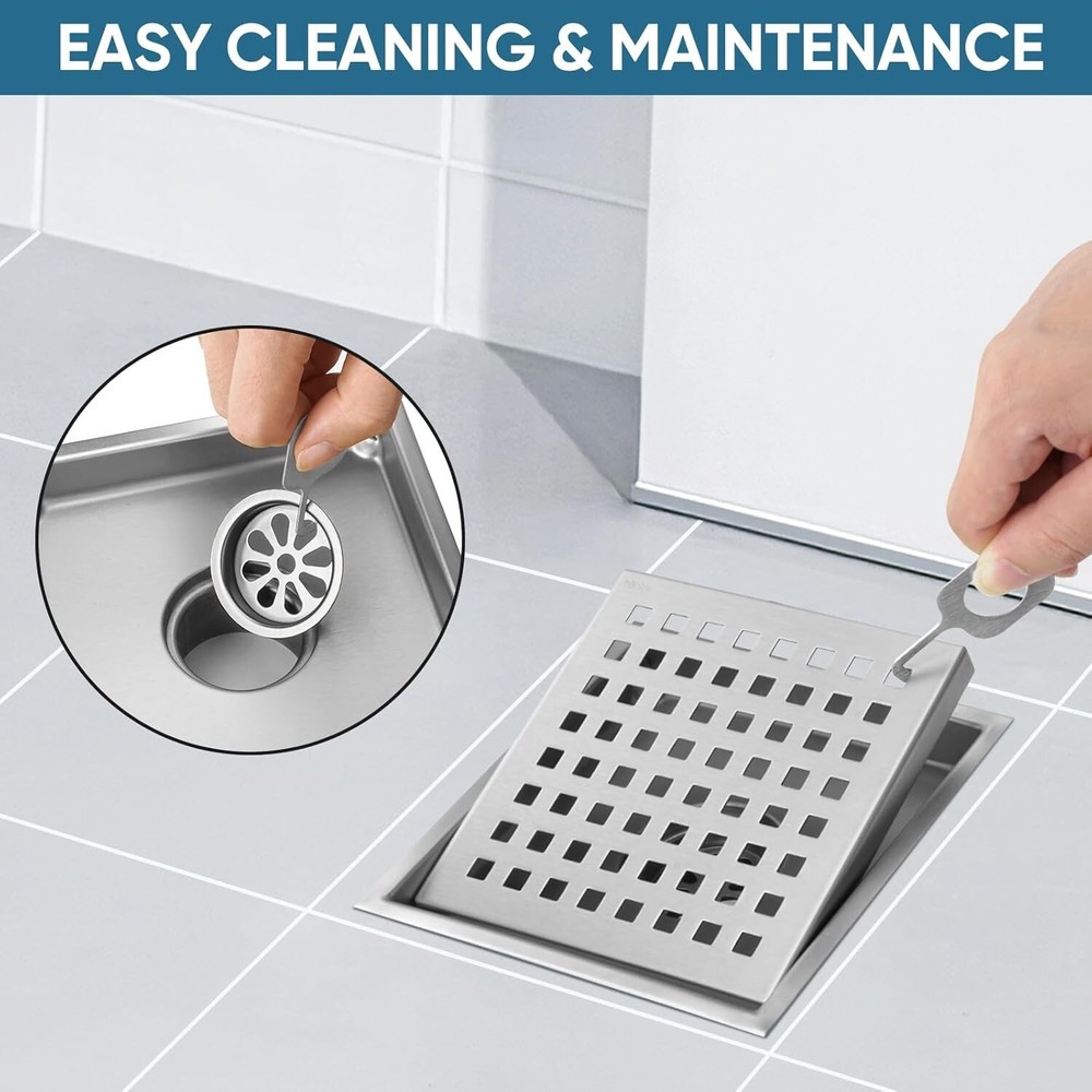 TICONN 6'' Square Removable Floor Shower Drain, Rustproof SUS 304