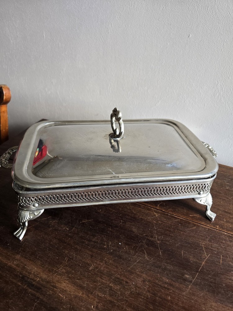 VTG Silver Plated Square Footed Buffet Casserole Dish Holder W/Lid & Glass Pan