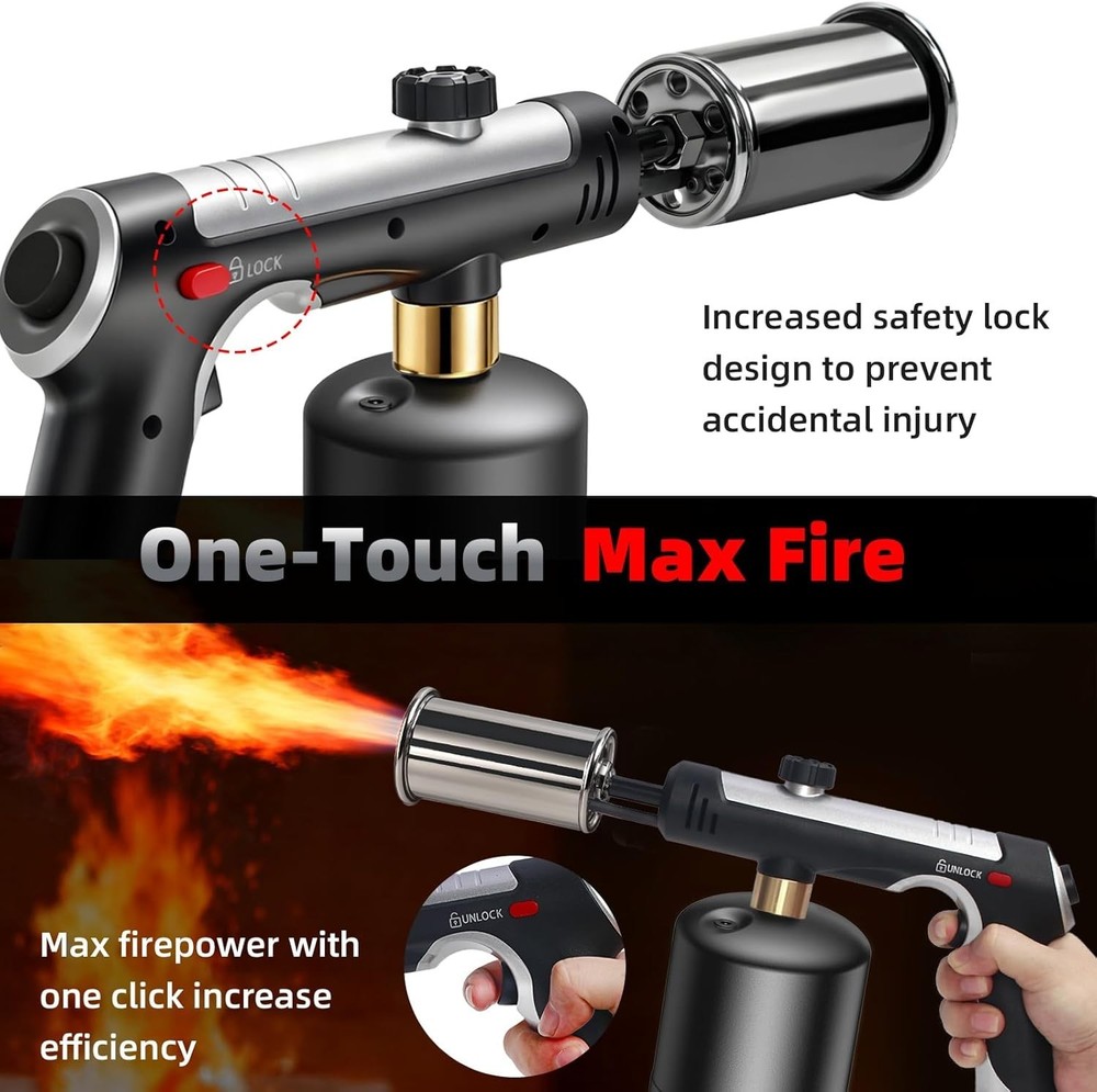 Powerful Propane Torch，Flame Thrower Gun With One-Touch Max Fire, Kitchen Coo...