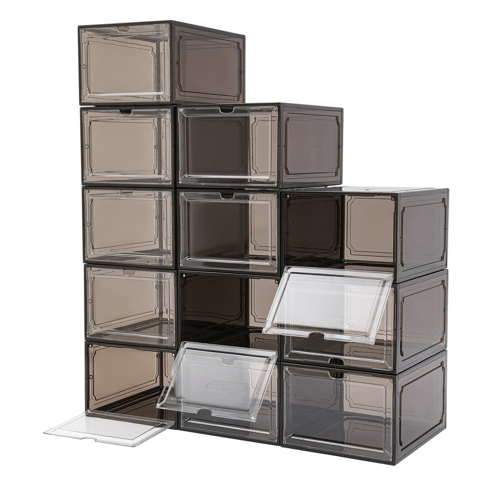 12*Stackable Shoe Storage Boxes PP & Acrylic Organizer Bins Dust-proof Container