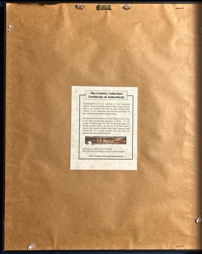 Vintage Space Shuttle Atlantis Framed Photo Flown Cargo Bay Liner Relic with COA