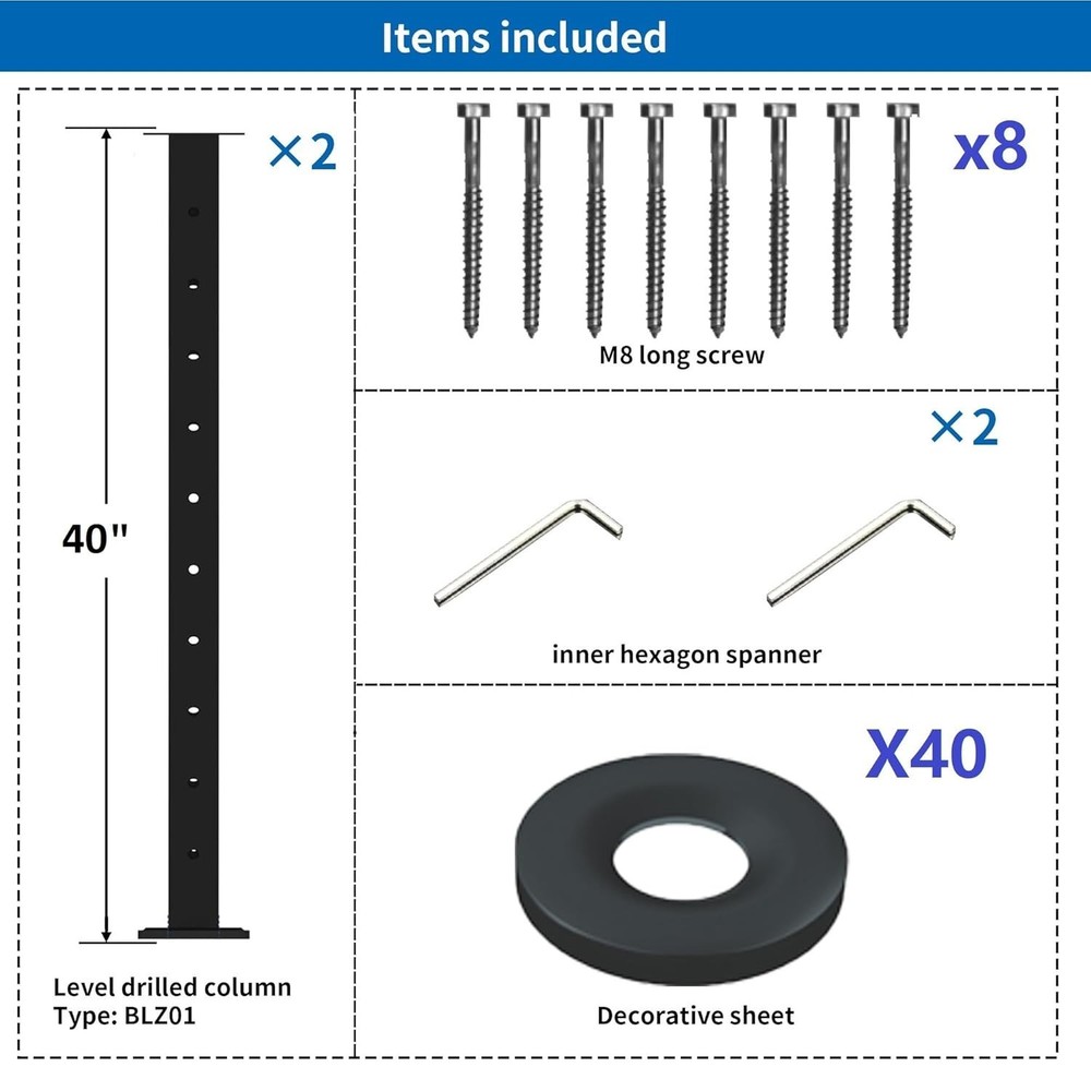 (2pcs) LANGLIER Cable Railing Post 40"x2"x2" Stainless Steel Black (Middle Post)