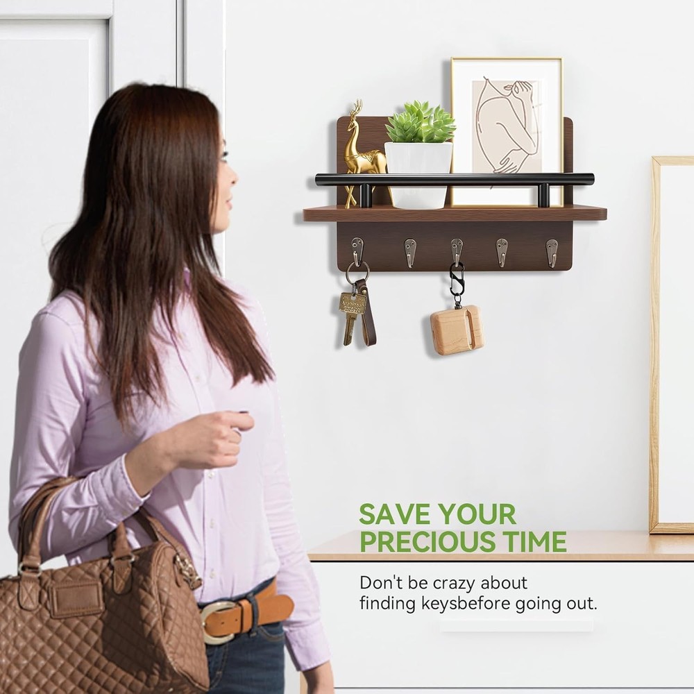 Rustic Wall-Mounted Key Holder with Shelf & 5 Hooks for Entryway Organization