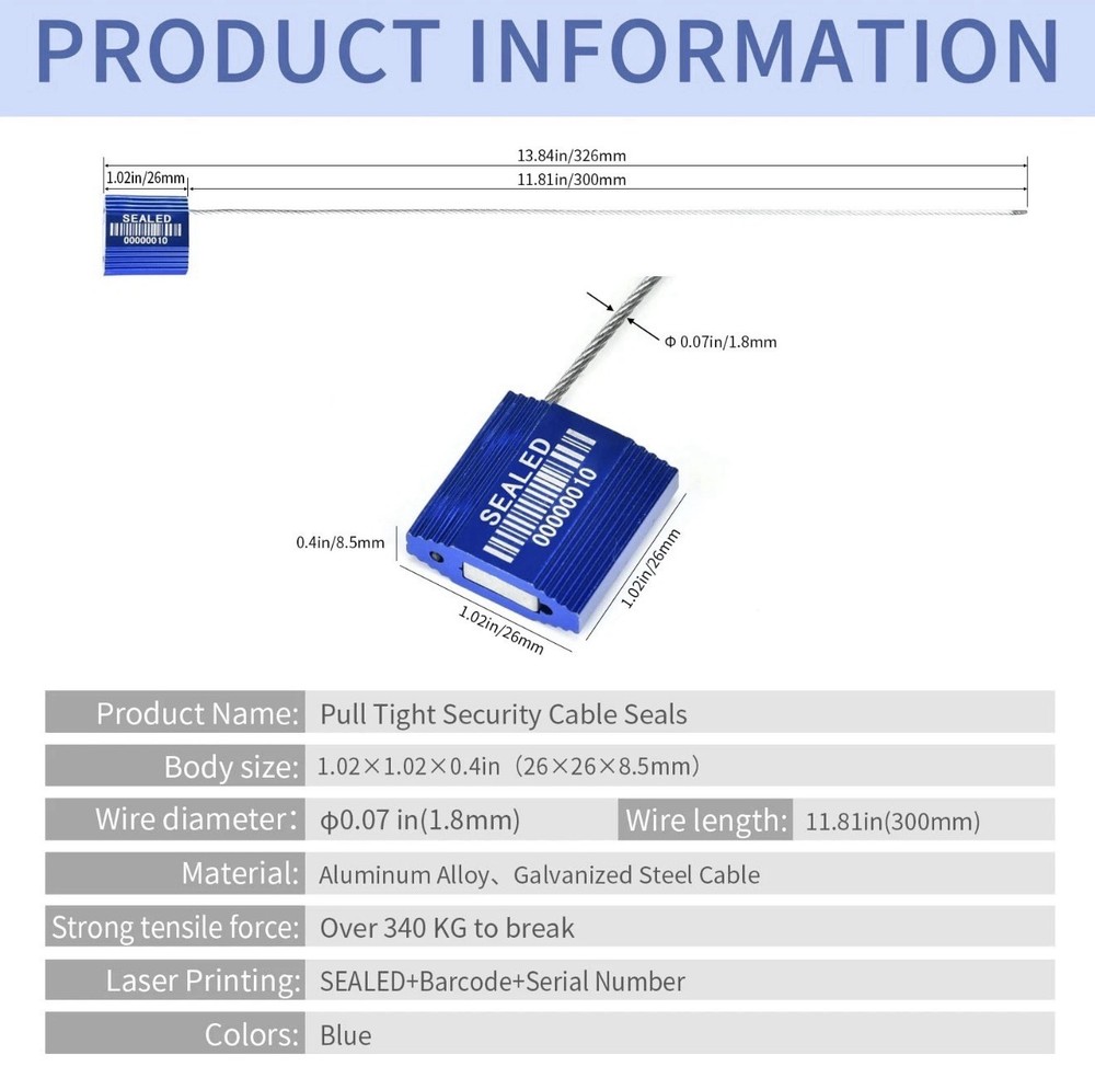 45 Blue High Security Cable Seals Pull Tight Numbered Barcode Steel Wire Tags