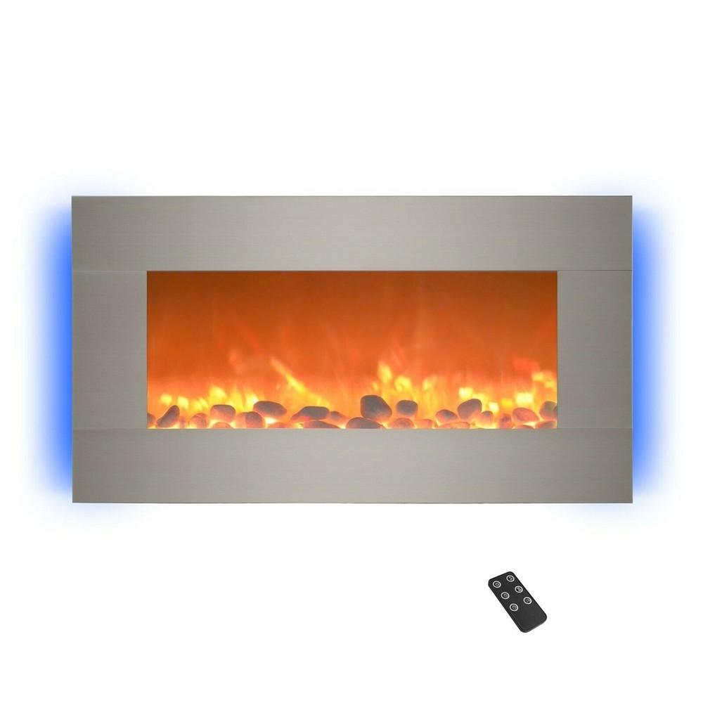 Electric Fireplace Wall Mounted Adjustable Heat Remote 30 Inch Silver W Timer