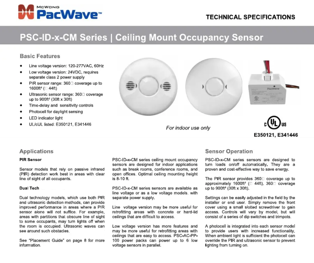 McWong Pacwave Dual Tech Ceiling Mount Sensor PSC-ID-D-CM-301