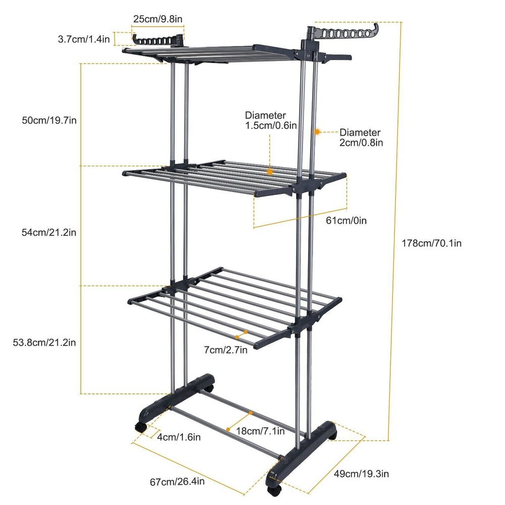 3 Tier Laundry Organizer Folding Drying Rack Clothes Rolling Hanger Stand Holder