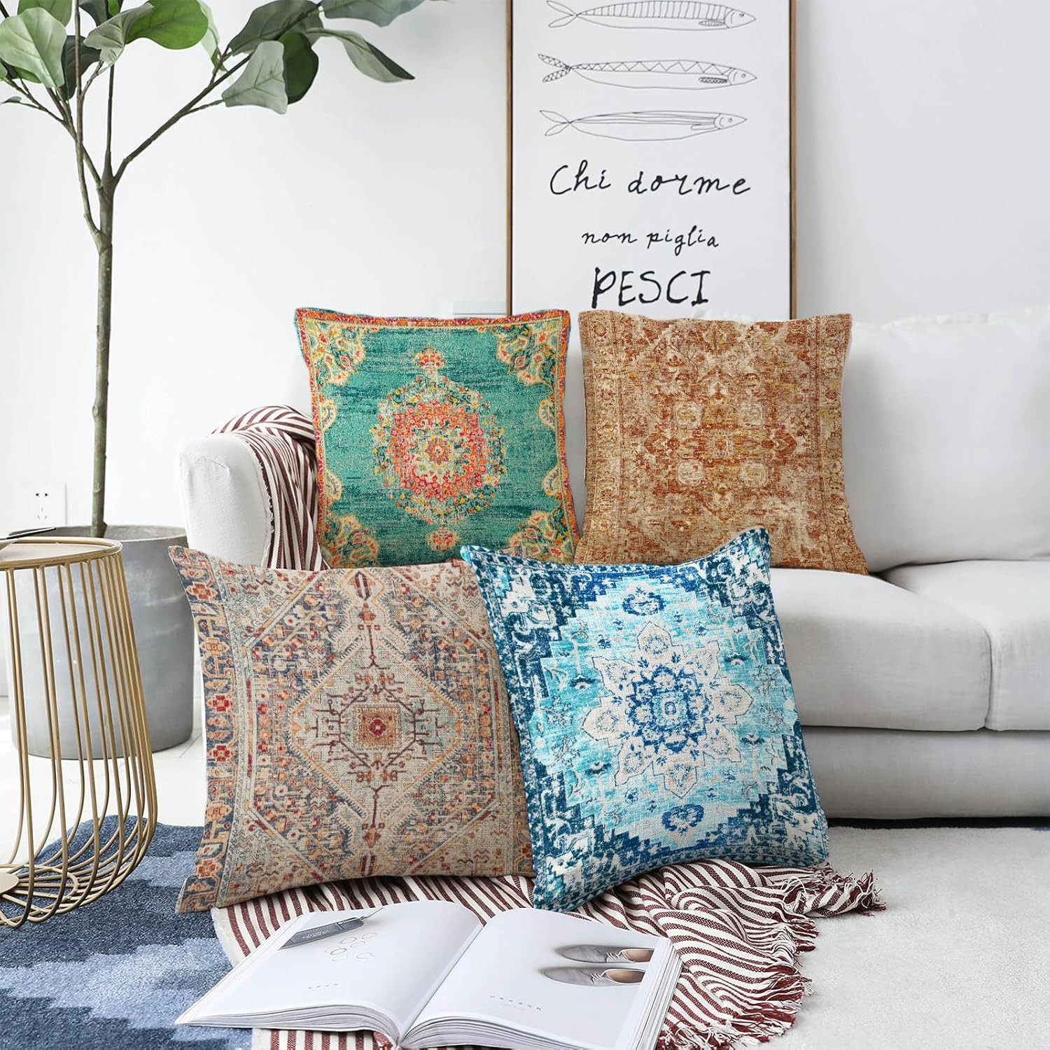 Boho Throw Pillow Covers 18x18 inch Set of 2,Bohemian Vintage Carpet Pattern Ant