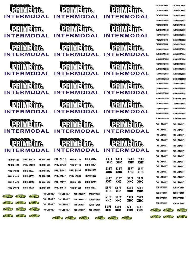 HO Scale Container Decals. " Prime Inc. Intermodal "