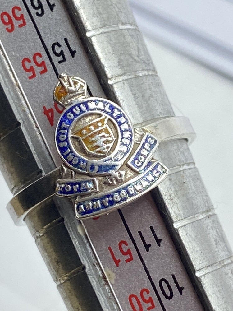 WW2 British Silver & Enamel Royal Army Ordnance Corps Sweetheart Ring Size M