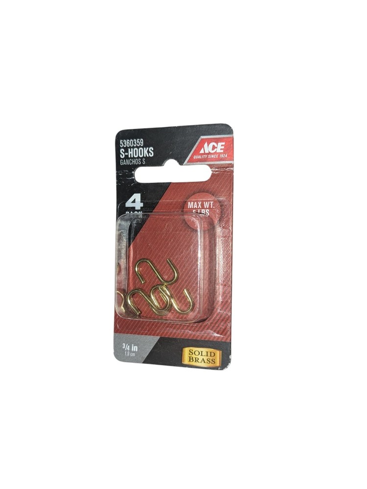 Ace Hardware /  SOLID BRASS * S - Hooks *  3/4 - inch. * 4pcs. 5lb Weight Capaci