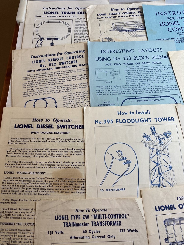 11 Lionel Instruction sheets all different