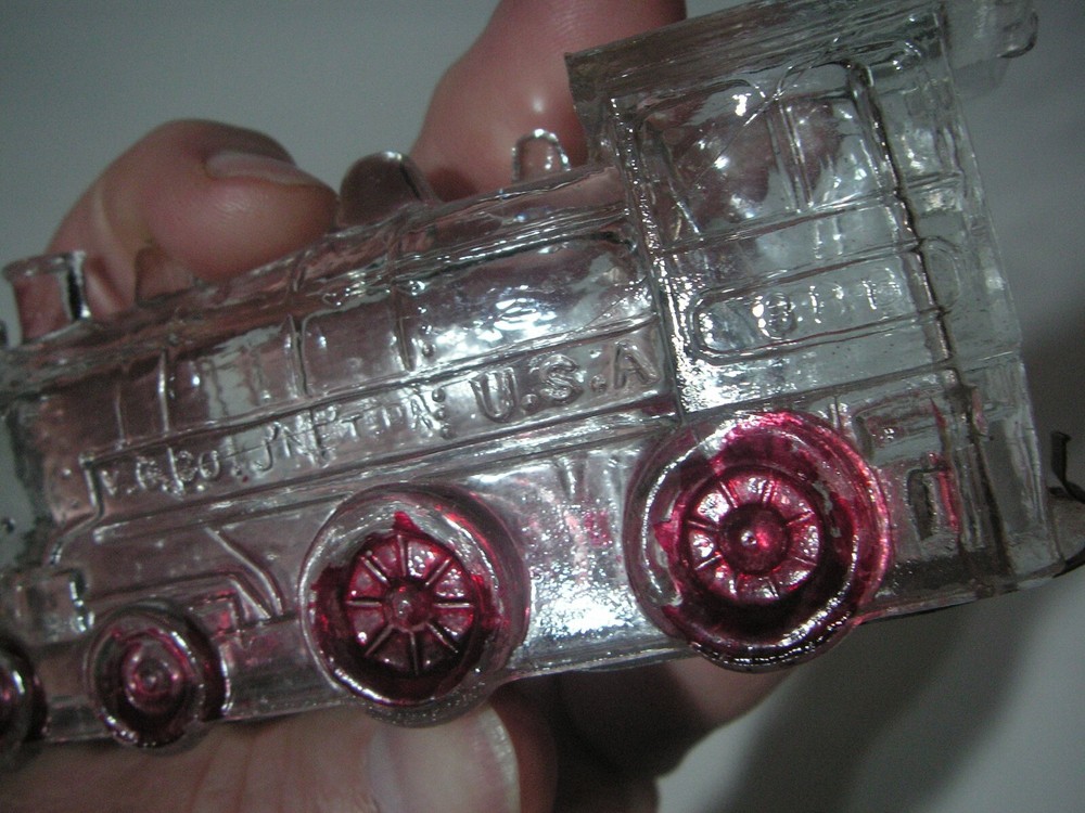 OLD FIGURAL LOCOMOTIVE GLASS CANDY CONTAINER WITH BOTTOM