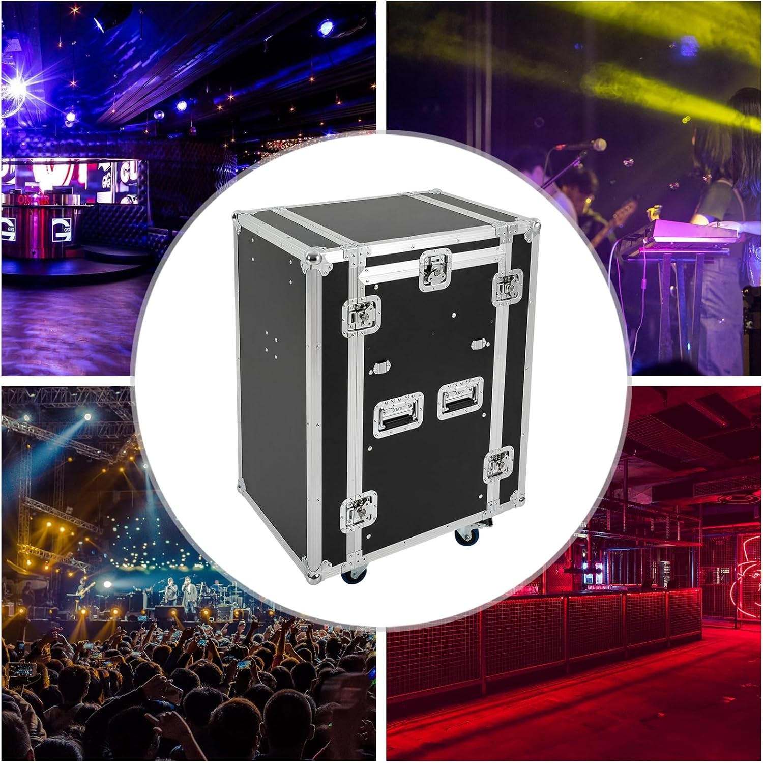 PA DJ Rack w/ 2-tier DJ Table Top 14 Space Rack Case w/ Slant Mixer Top & Caster