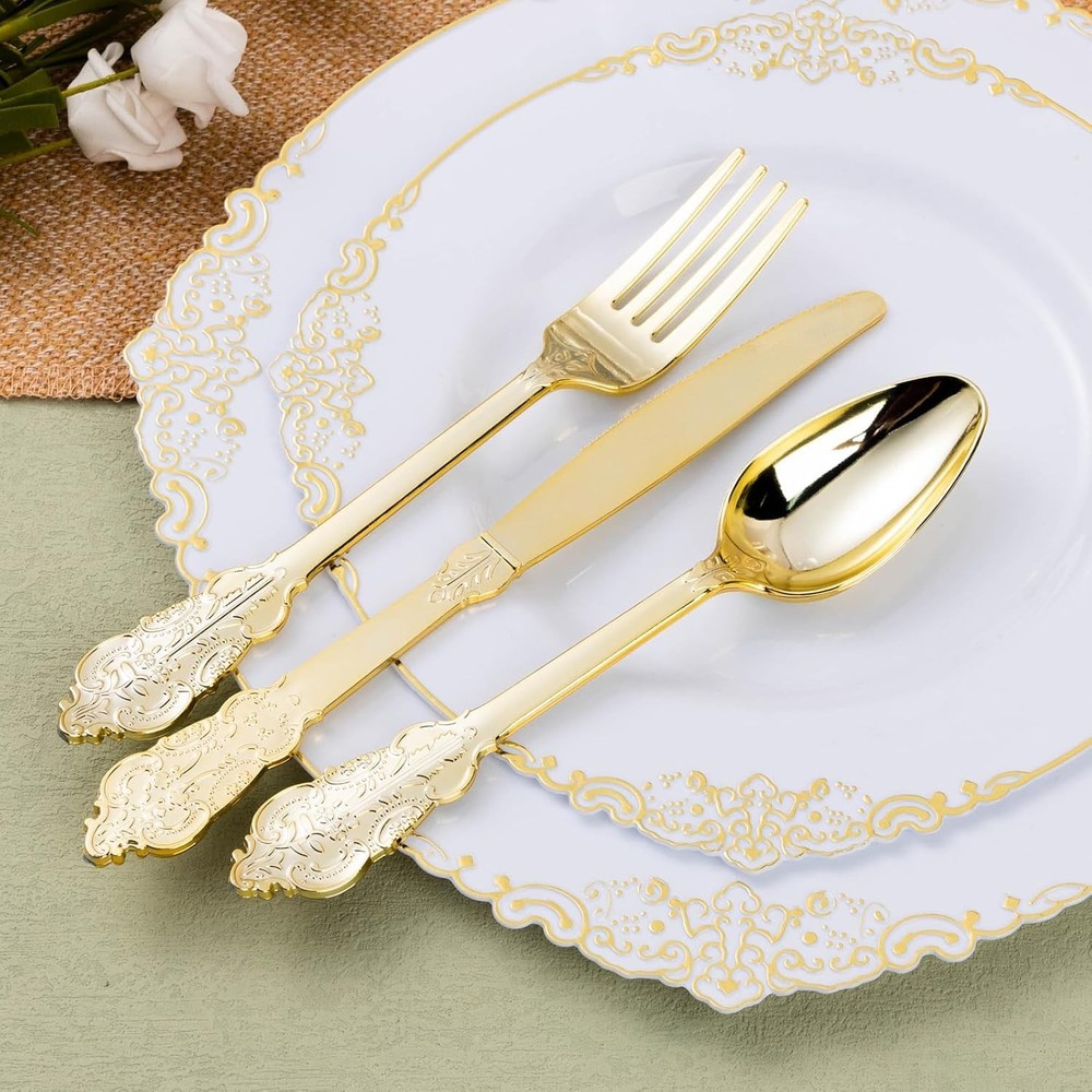 100-piece gold plastic tableware set