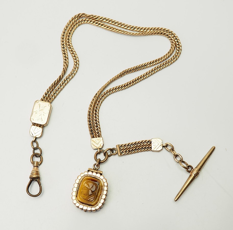 Antique gold filled carved tiger eye profile etched locket chain watch fob