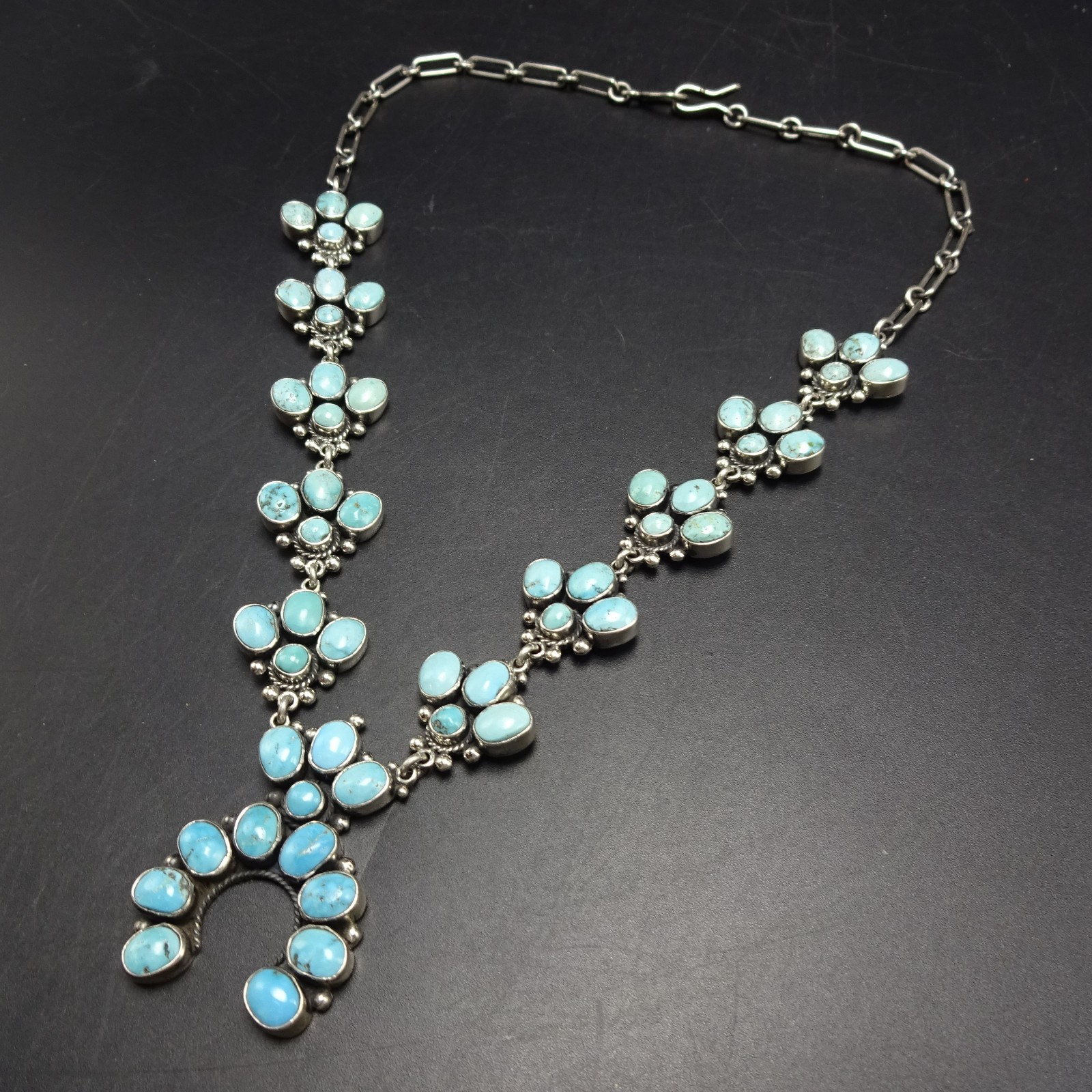 Diminutive FEDERICO JIMENEZ Sterling Silver TURQUOISE CLUSTER Squash Necklace