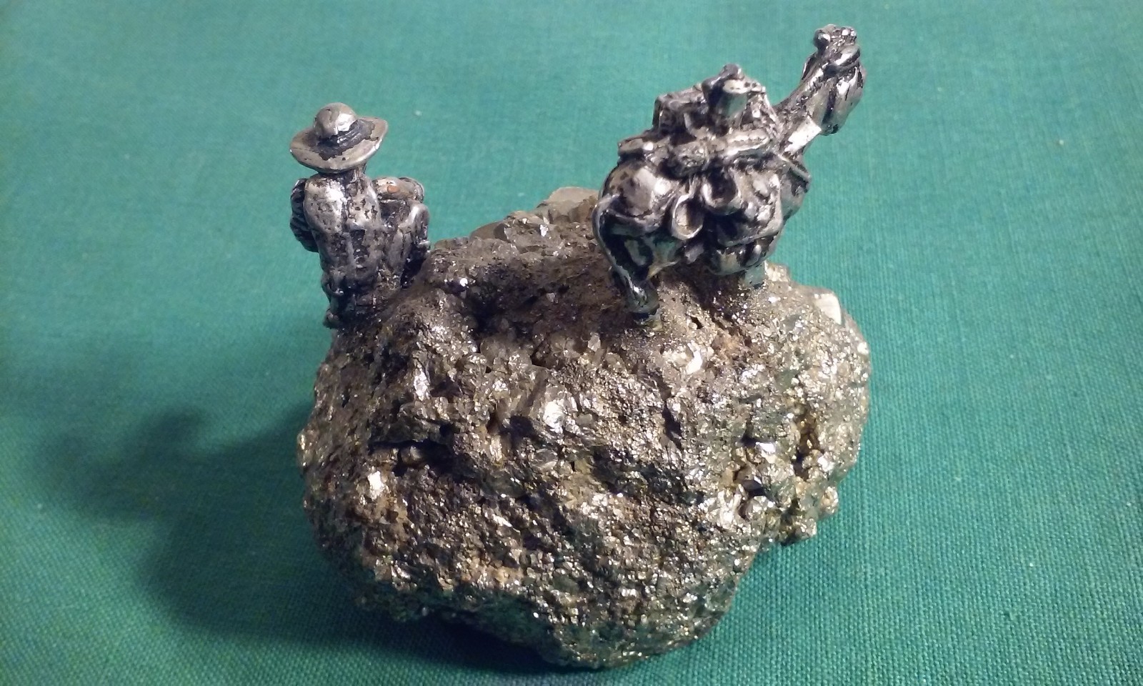 Pewter Gold Miner & Donkey Figure Panning on Pyrite Fool’s Gold Cluster Vintage