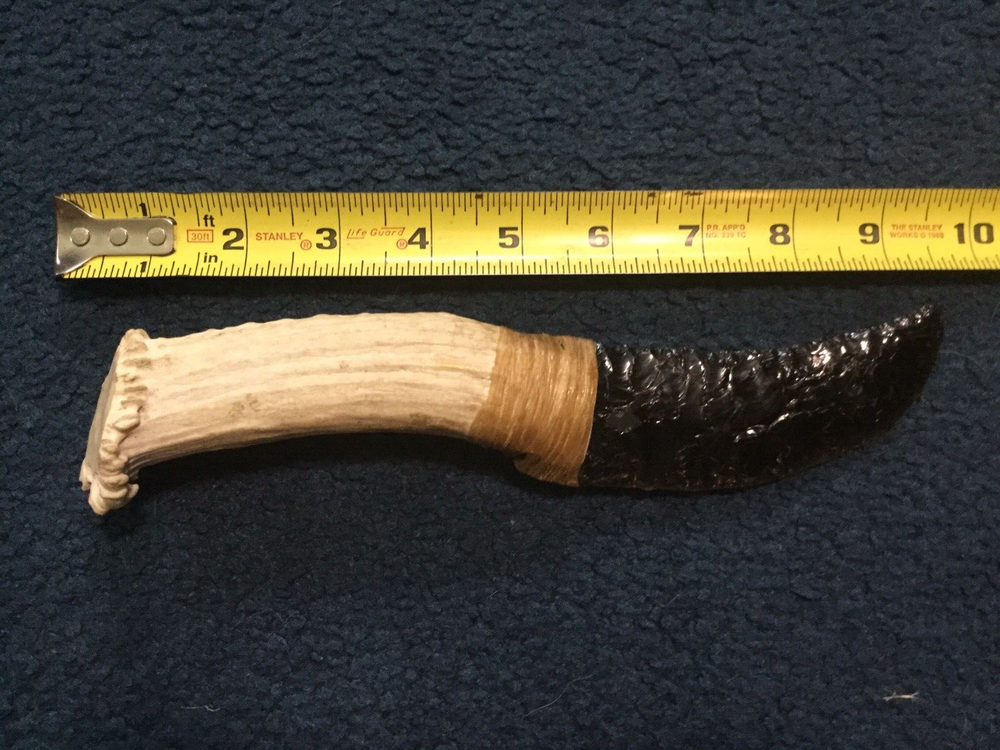 Primitive Obsidian Stone Bleached Antler Handle Knife