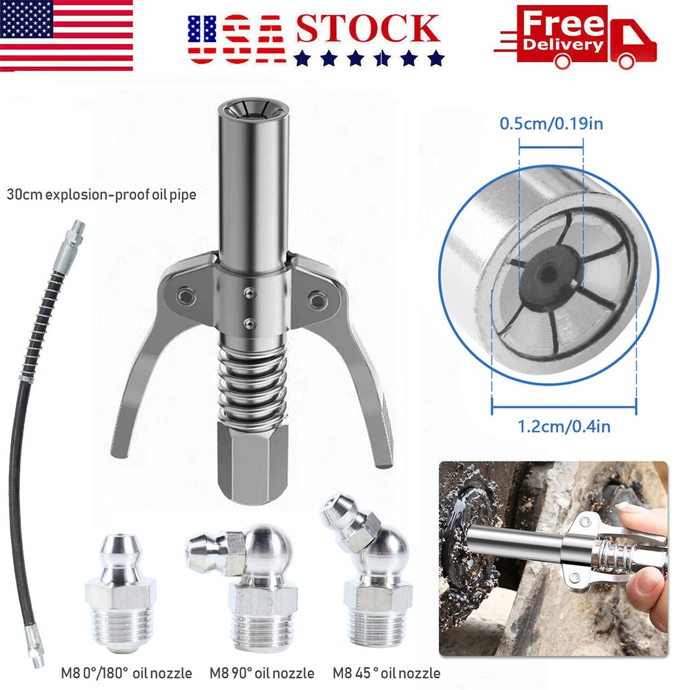 1/8"NPTGrease Gun Coupler Quick Release Lock On Coupling w/Hose Adapter Set For