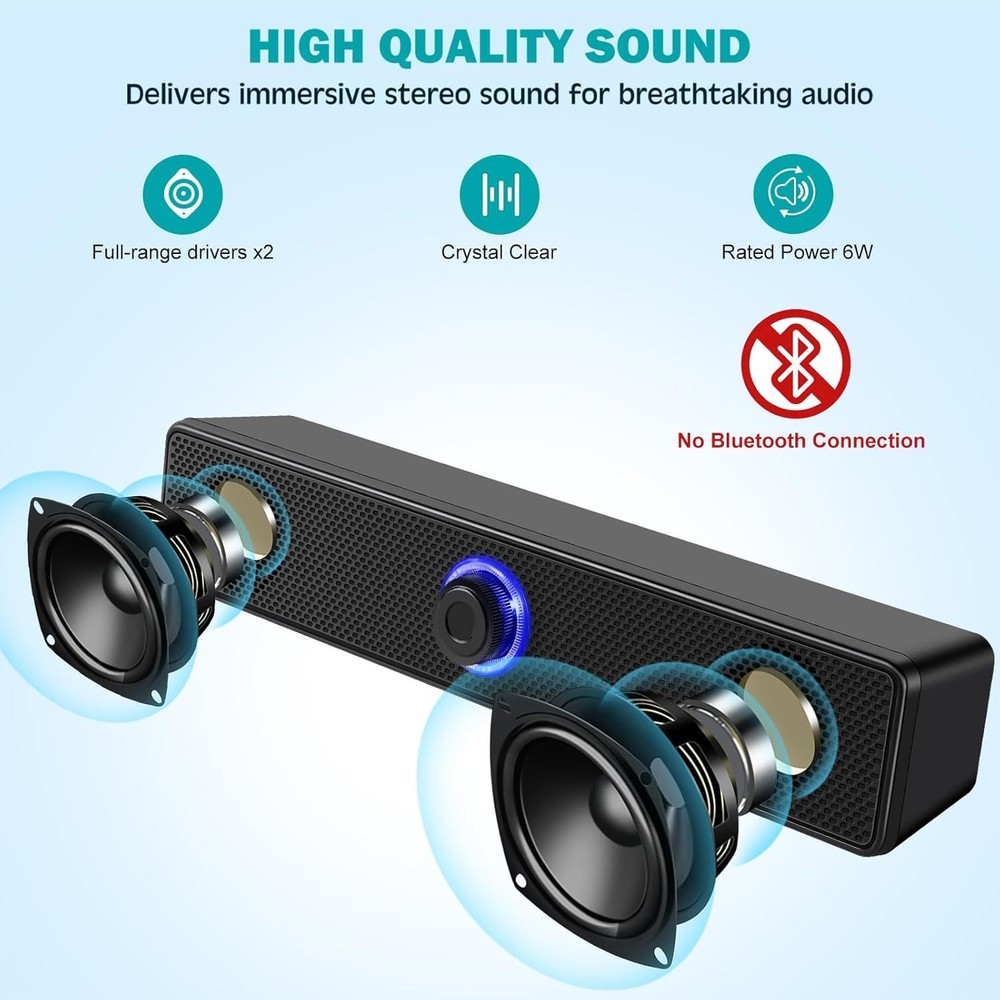 USB-A Powered Wired Stereo Speakers for Computer & Laptop - No Bluetooth