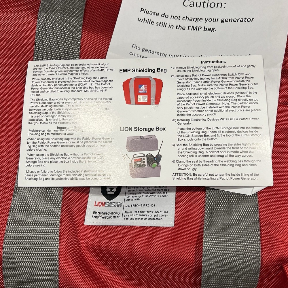 Lion Energy EMP Shielding Bag Kit - MIL-SPEC-461F - includes Bin & Solar Cable