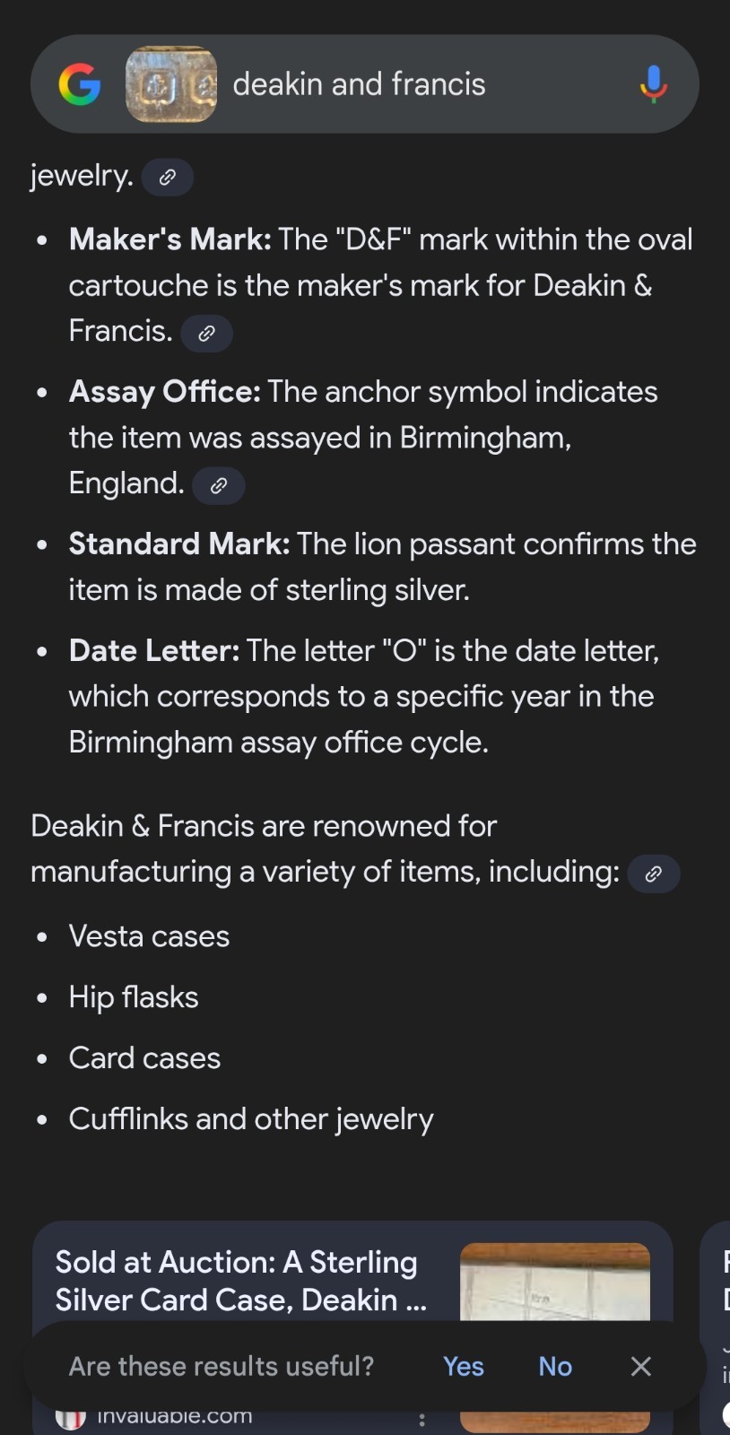 Antique Deakin & Francis Vesta Case Match Safe Holder Sterling Circa 1913 London