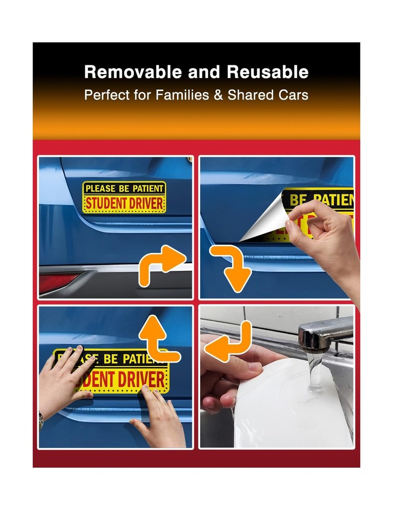 5pcs Student Driver Sticker (Non-Magnet) – Reusable, Reflective 'Please Be