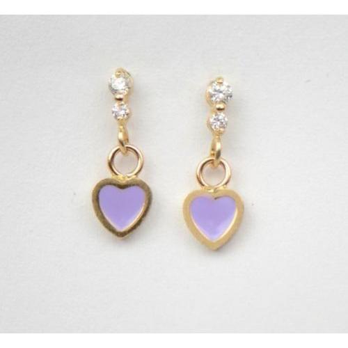 14K Solid Yellow Gold Enamel Heart Shape Dangle Stud Earring