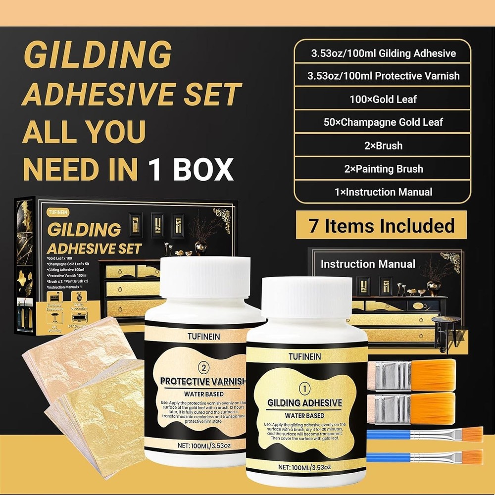 Versatile Gold Leaf Gilding Kit, 100ml Water-Based Adhesive & Tools Included