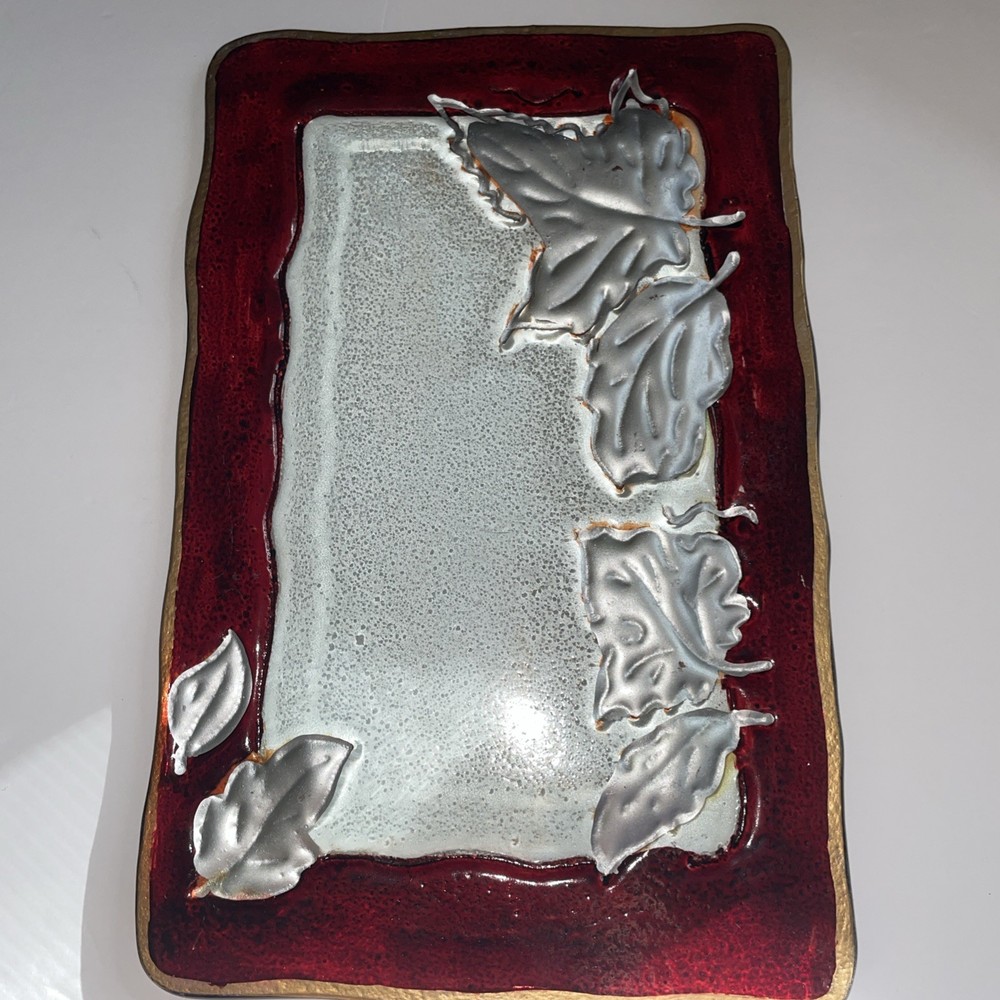 Fused Glass Tray Fall Leaf Pattern Rectangle Red & Brown Tones 12” x 8”